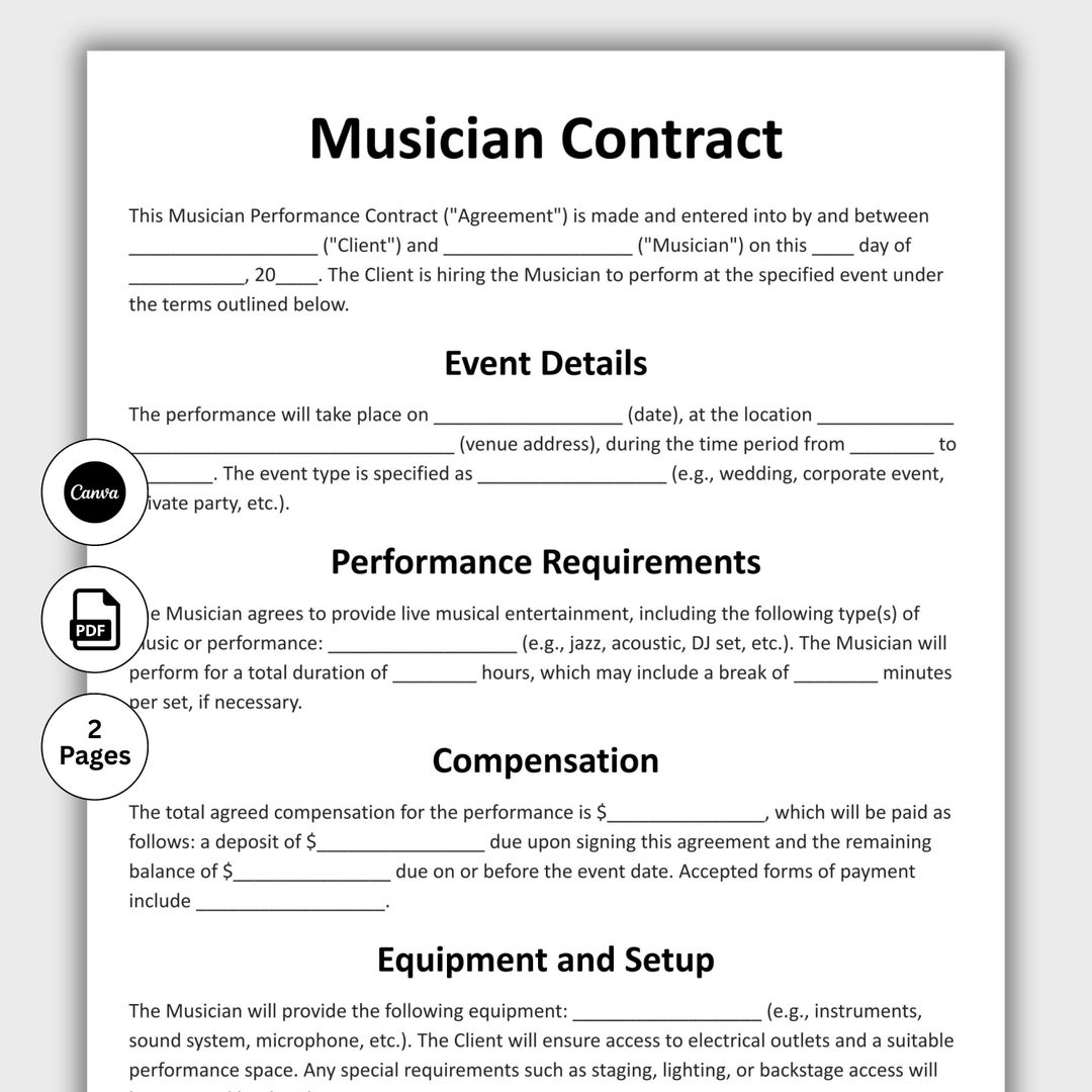 Musician Contract Customizable Musician Collaboration Form Template Printable Gig Contract Partnership Agreement Editable In Canva Etsy Israel