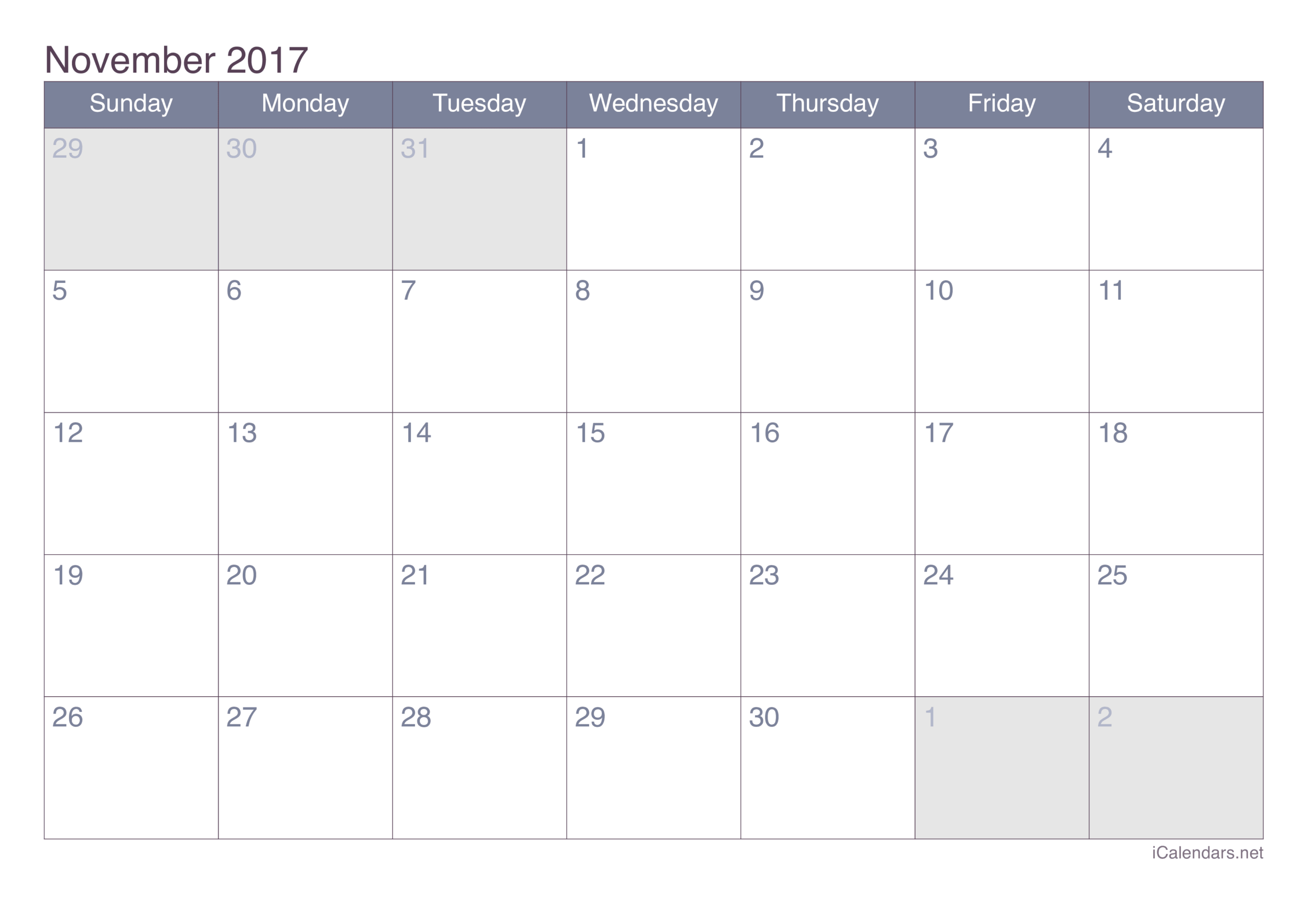 November 2017 Printable Calendar