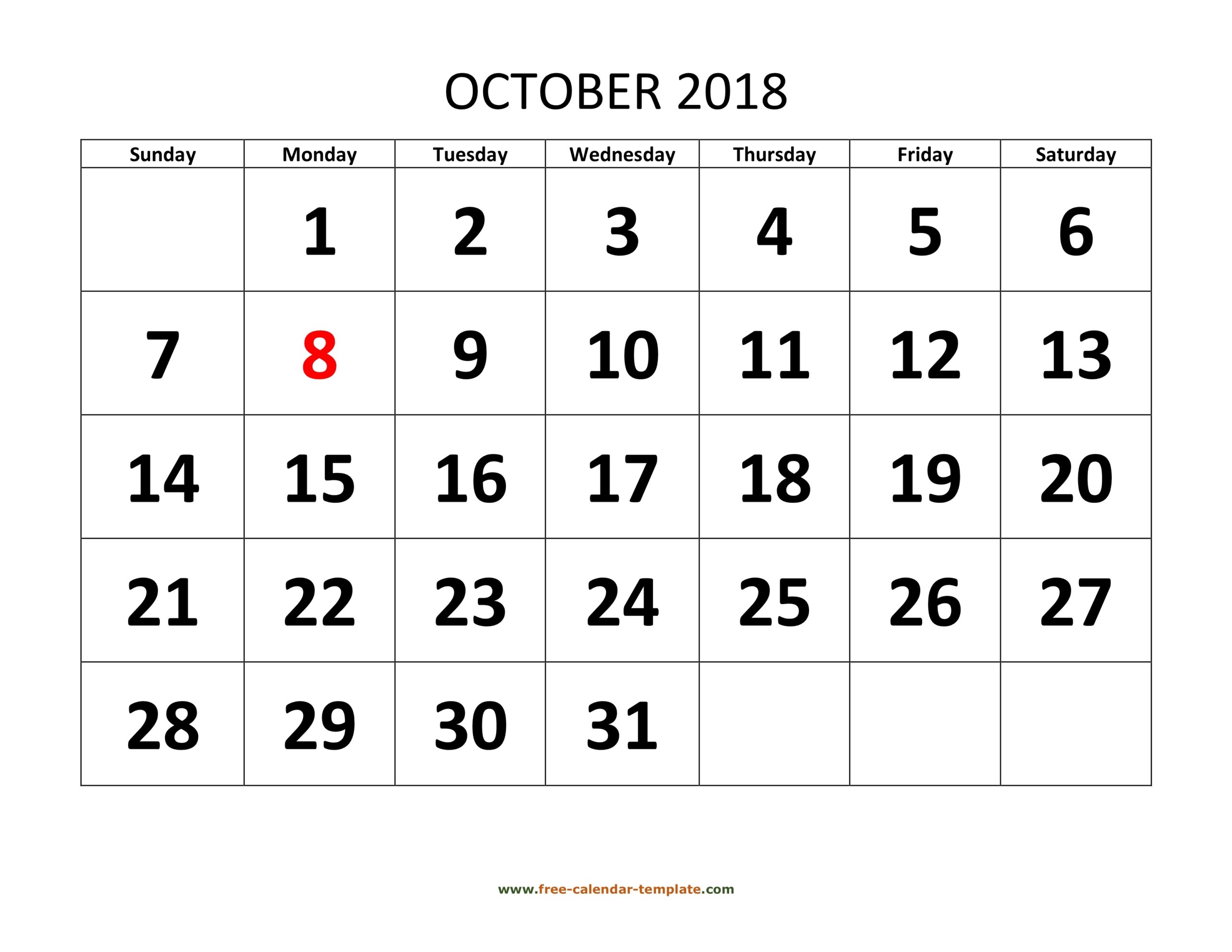 October 2018 Calendar Designed With Large Font horizontal Free calendar Template