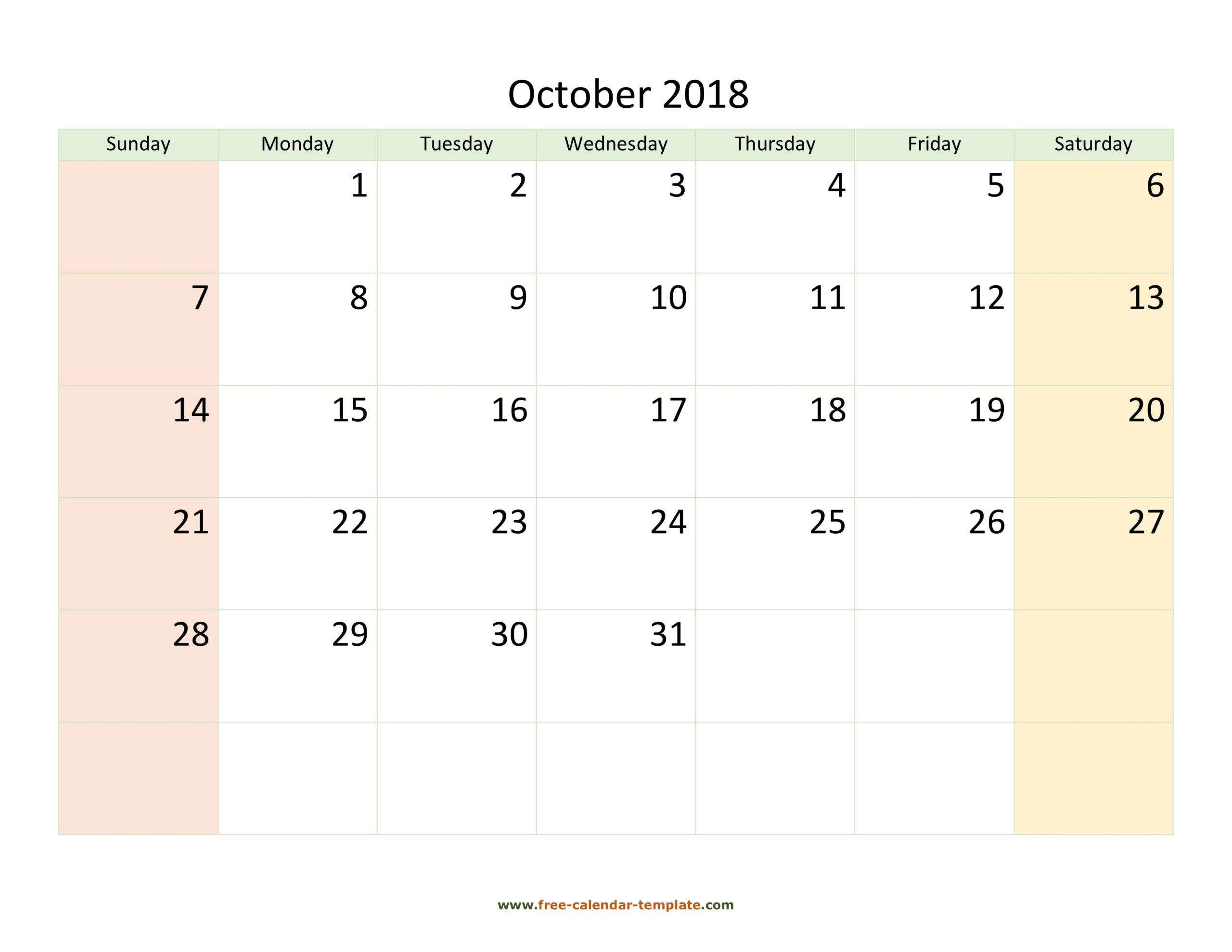 October 2018 Calendar Printable With Coloring On Weekend horizontal Free calendar template
