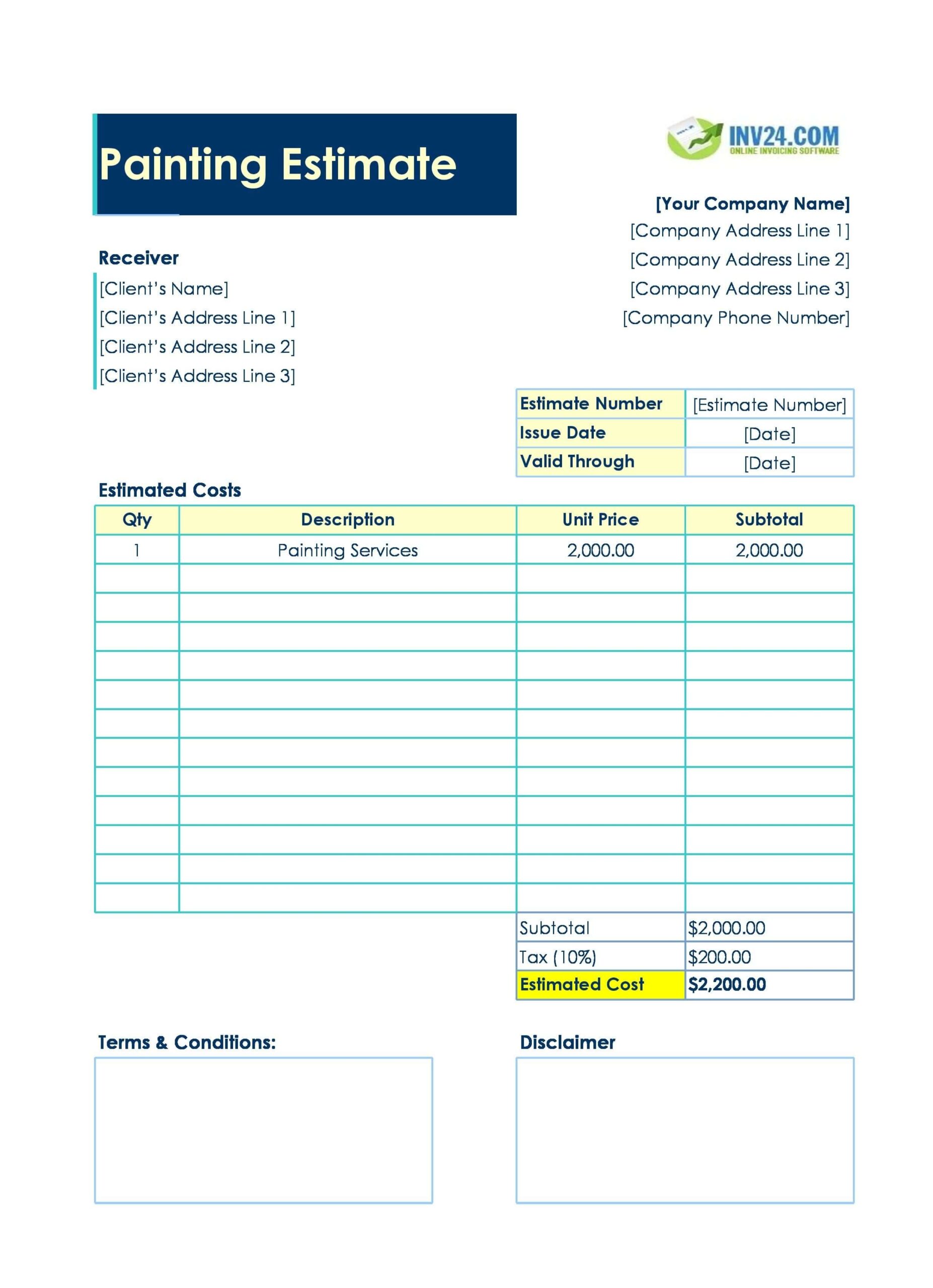 Painting Estimate Template Excel Google Sheets 