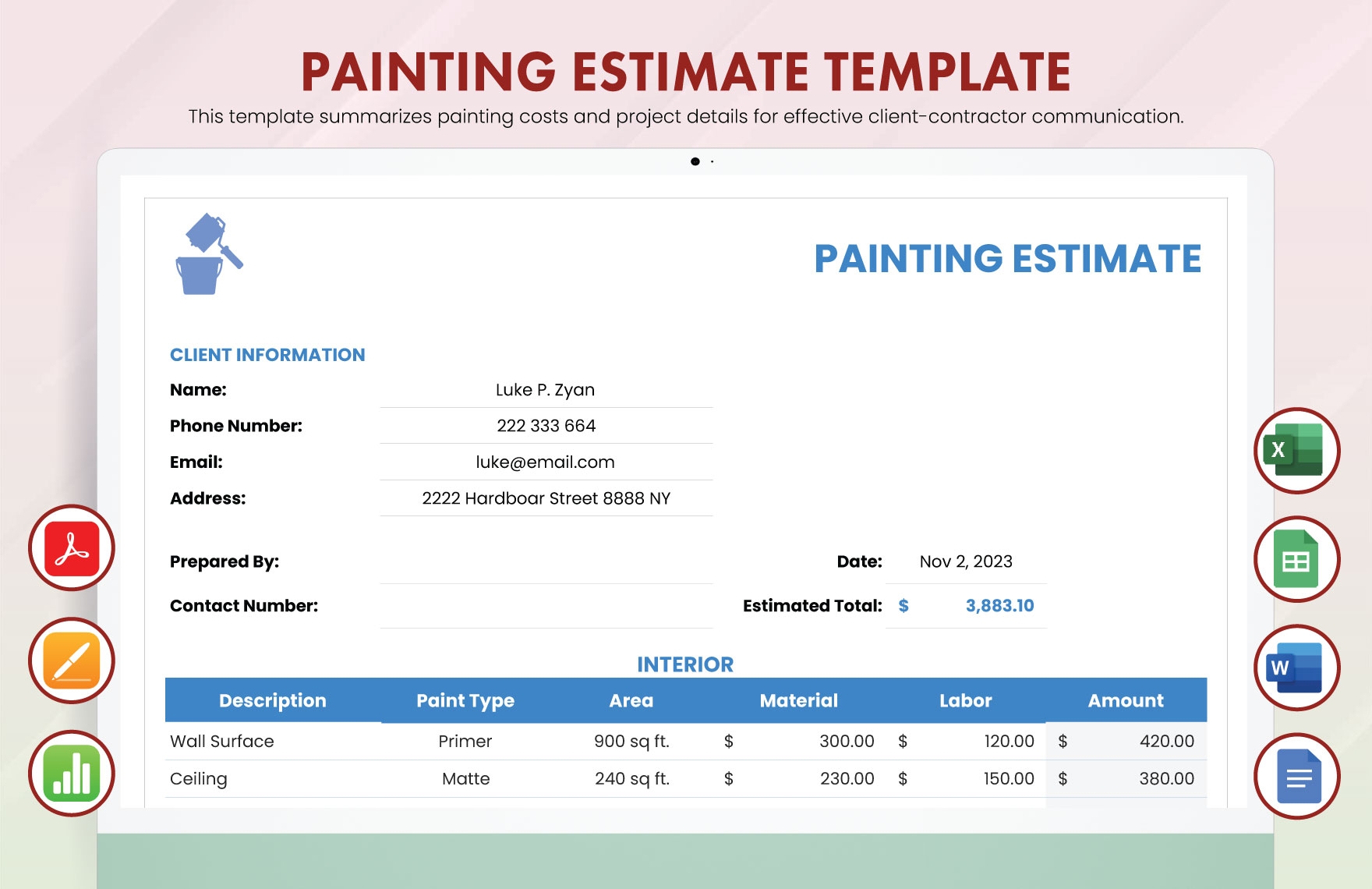 Painting Estimate Template In Google Docs Apple Numbers Word Apple Pages PDF Excel Google Sheets Download Template