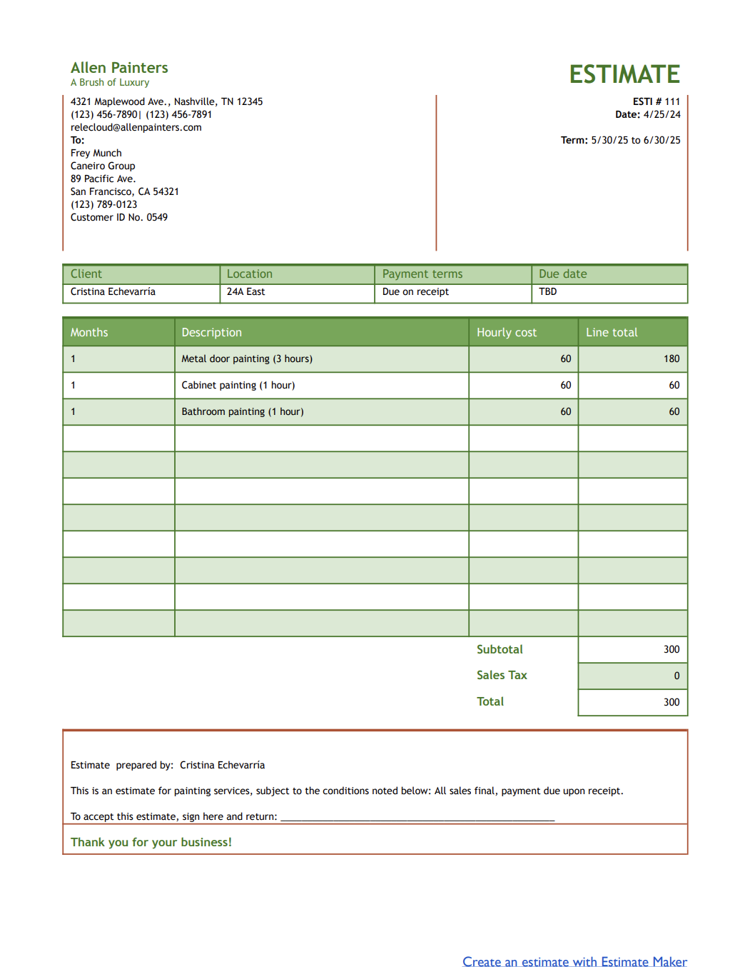 free painting estimate template