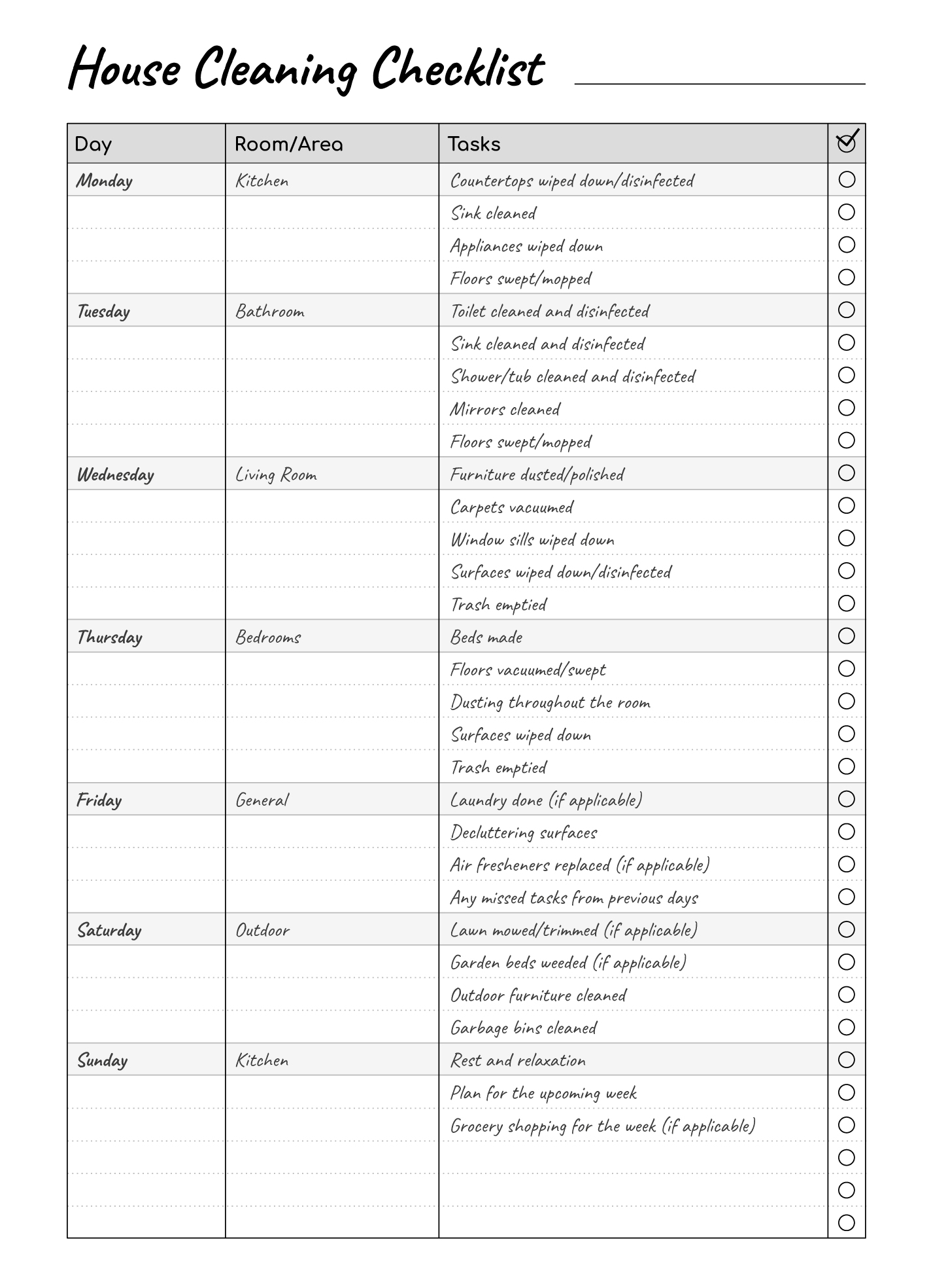 residential cleaning checklist template