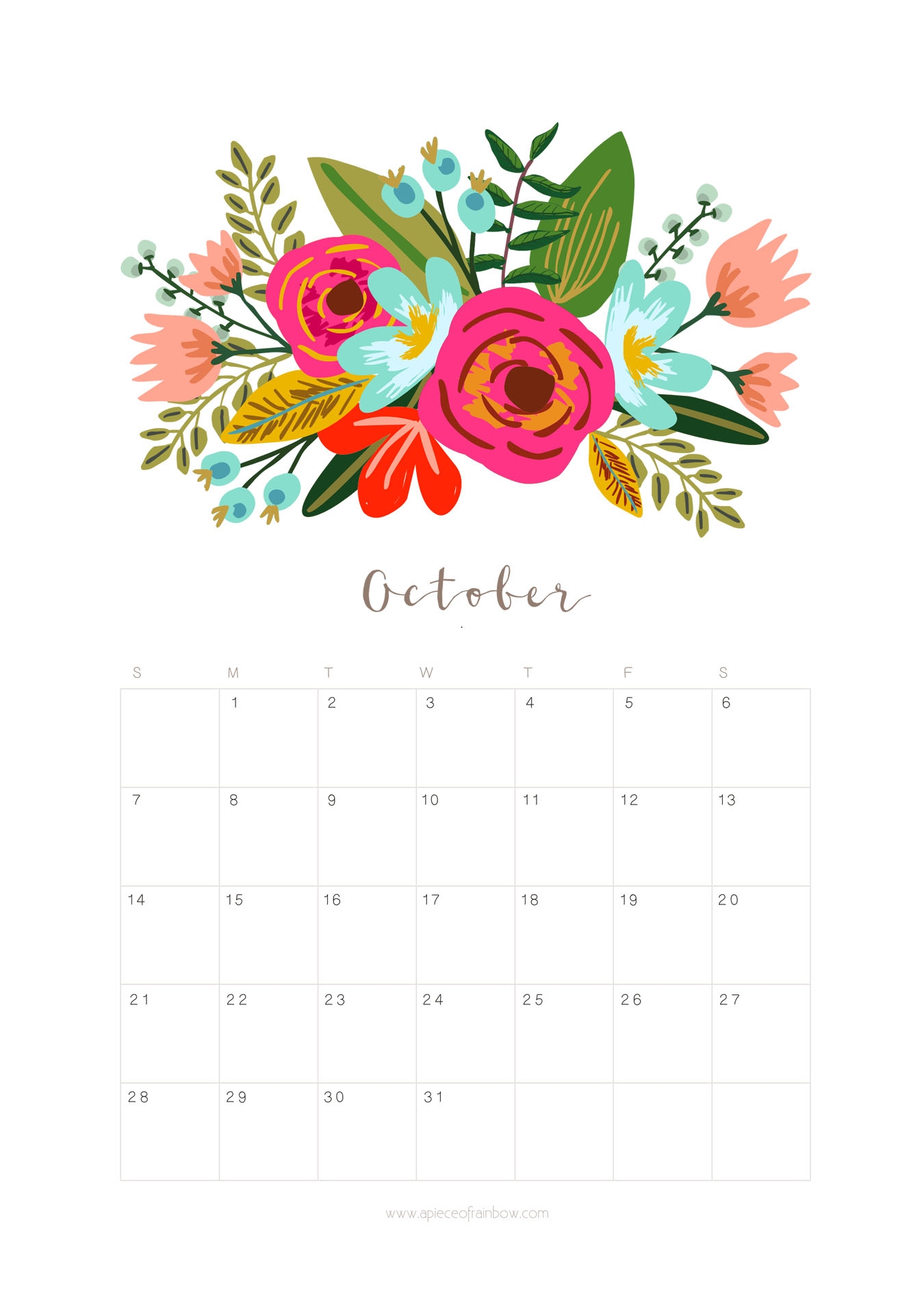 Printable October 2018 Calendar Monthly Planner Floral Design A Piece Of Rainbow
