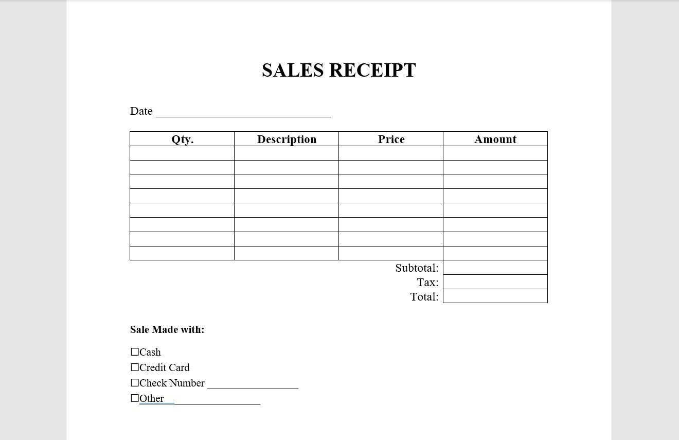 Sales Receipt Template Sales Receipt Receipt Template Word Template Simple Template Word Template Etsy