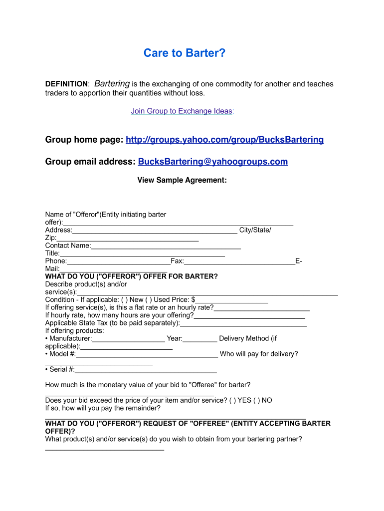 Sample Bartering Agreement Blank Fillable Template Fill Out Print Download PDF PdfFiller