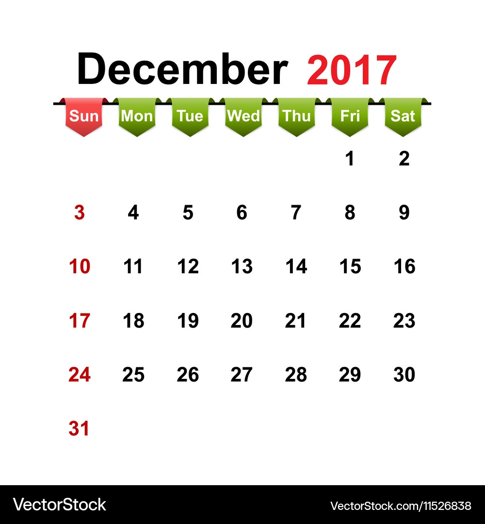 Simple Calendar 2017 Year December Month Royalty Free Vector VectorStock