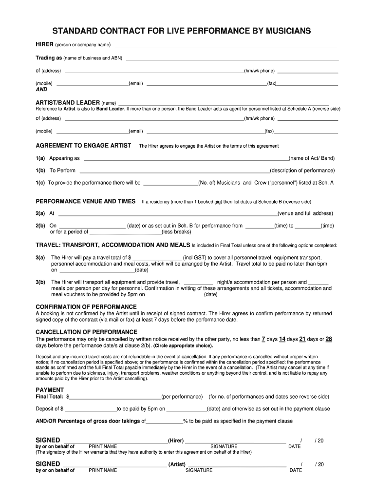 Standard Contract For Live Performance By Musicians Blank Fillable Template Fill Out Print Download PDF PdfFiller