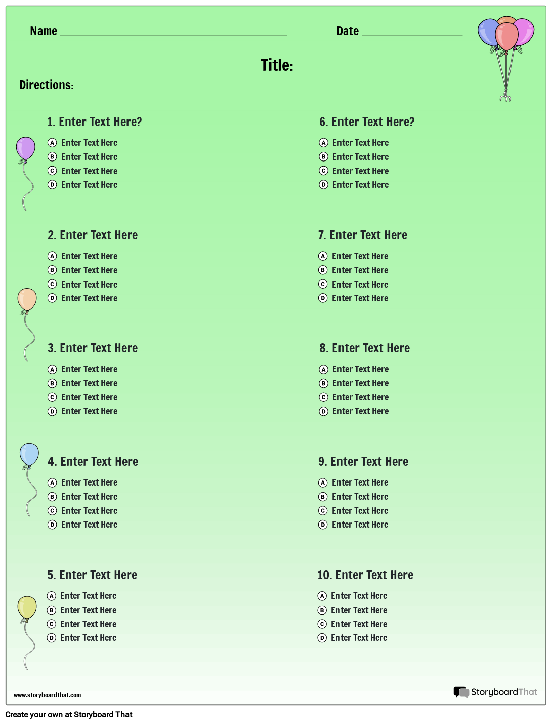 Storyboard That Multiple Choice Worksheet Templates