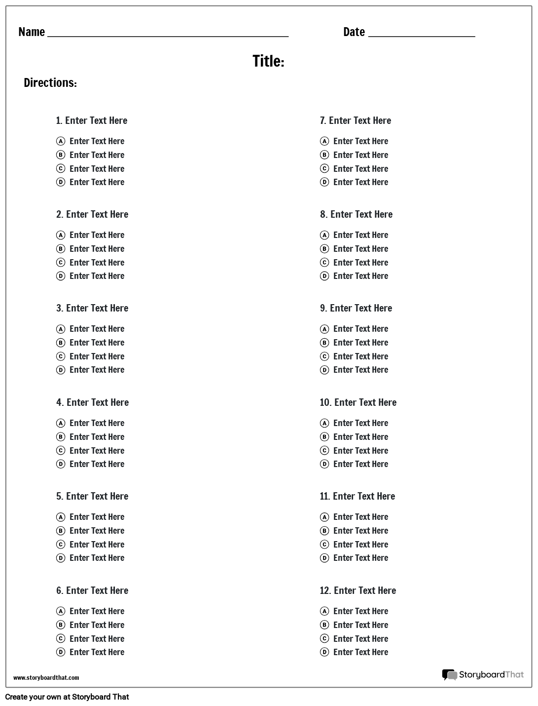 Storyboard That Multiple Choice Worksheet Templates