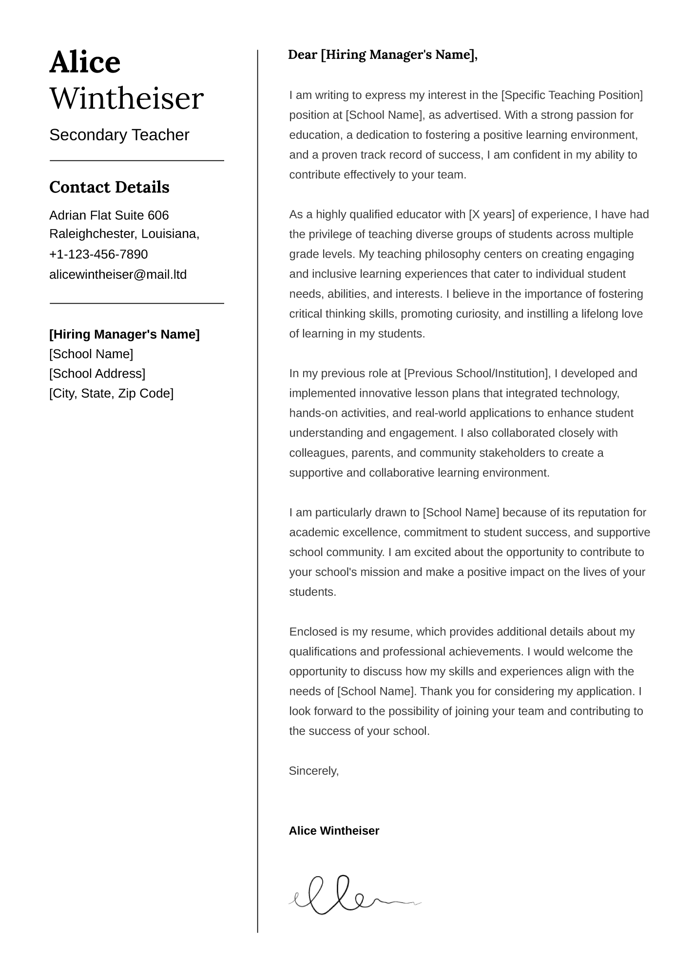 teacher cover letter template