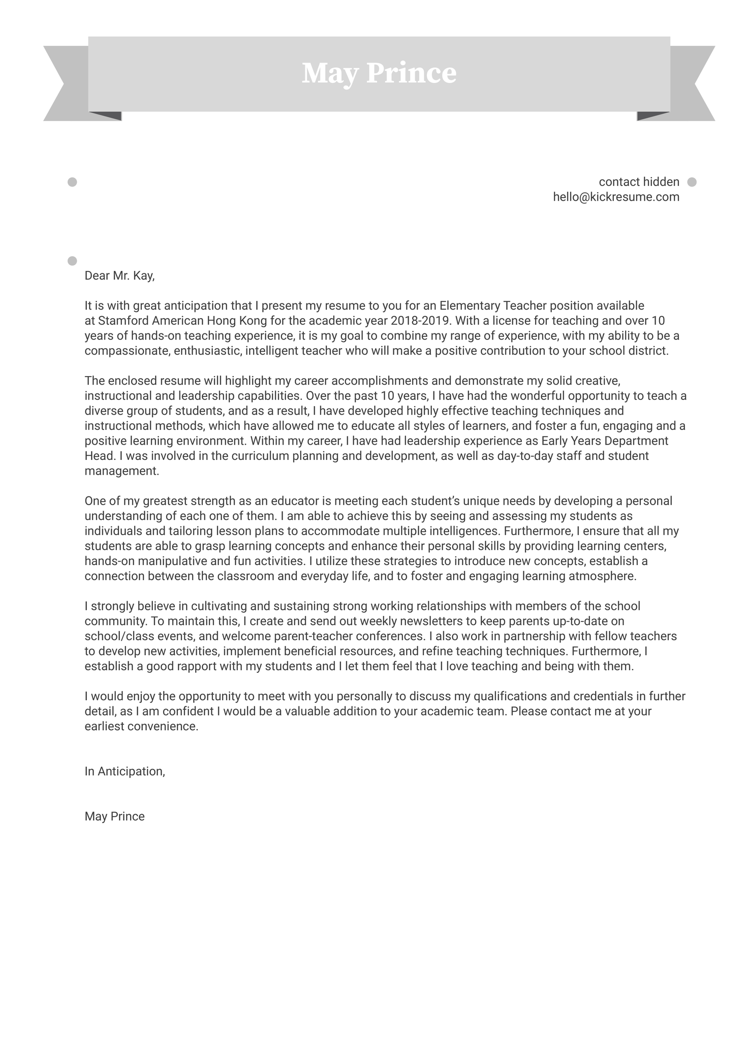 Teacher Cover Letter Sample Kickresume