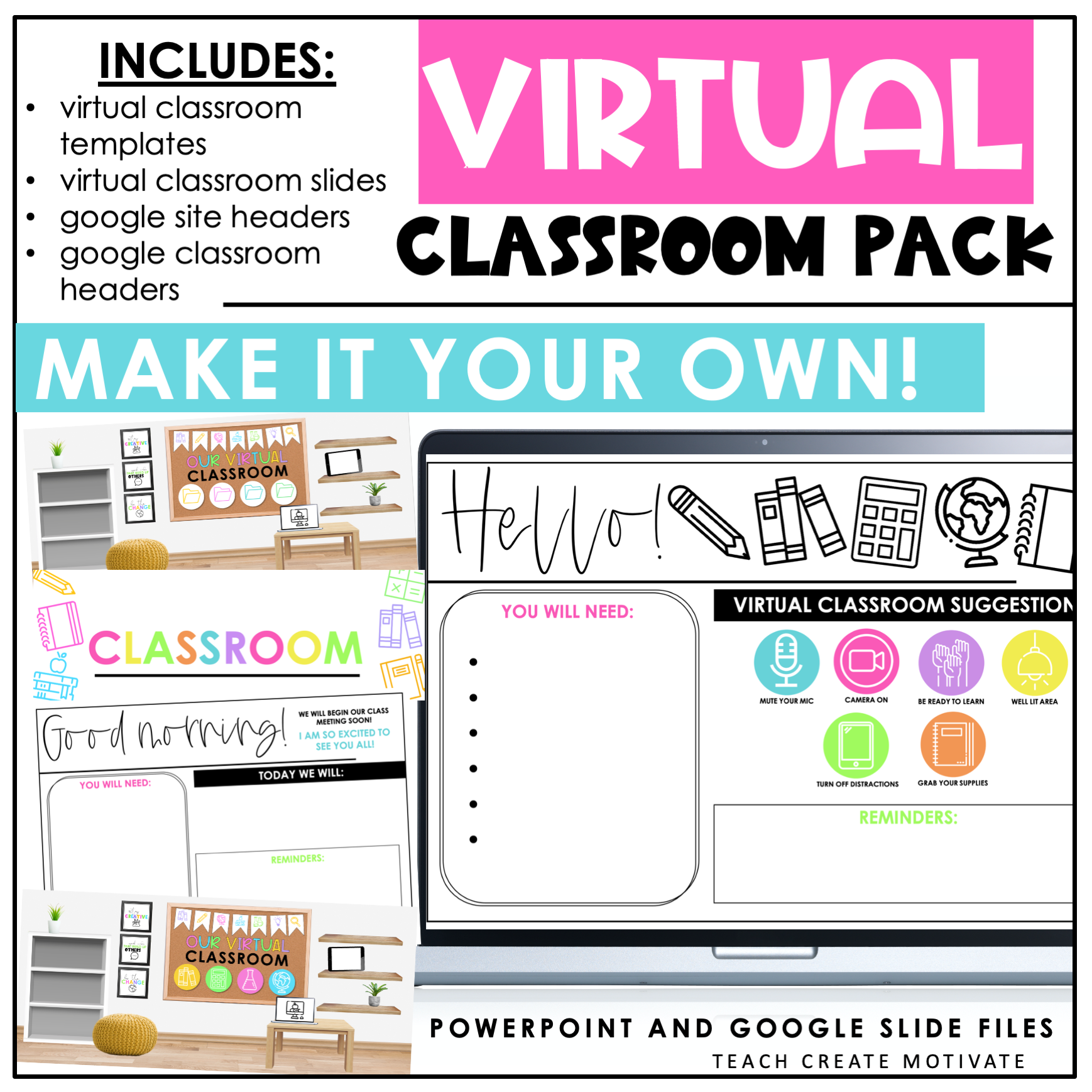 Virtual Classroom Pack Slides Classroom Templates Google Classroom Headers Teach Create Motivate