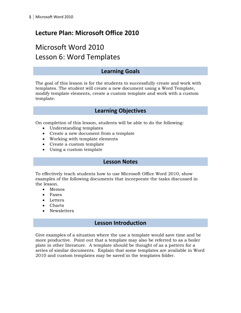 Word 2010 Templates Lecture Plan Exercises